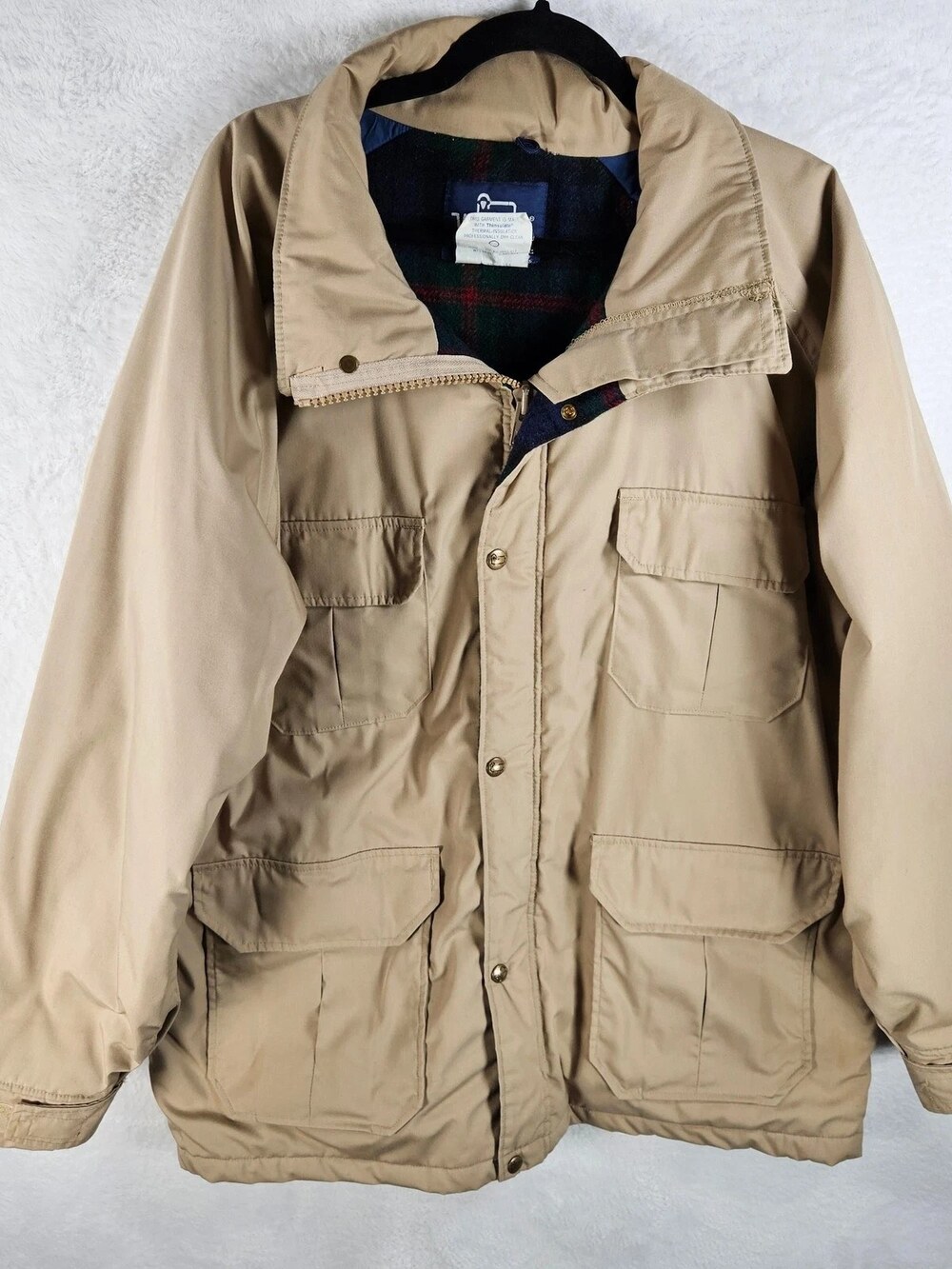 Woolrich Wool Lined Field Jacket Khaki Tan 4 Pocket Snap Front Mens Med USA VTG